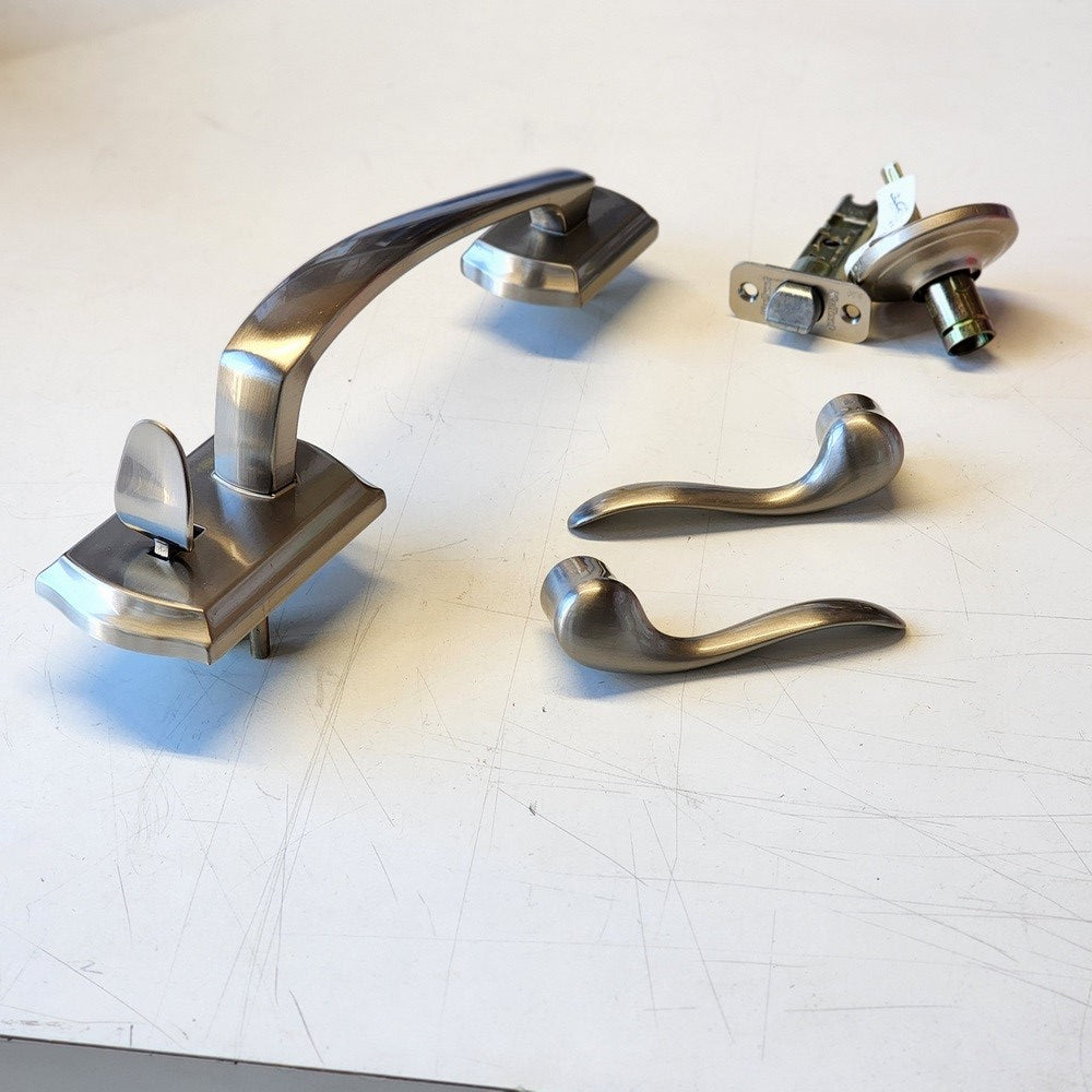 Prescott Satin Nickel Door Handleset Only with Tustin Door Handle in Satin Nickel Prescott Satin Nickel Door Handleset Only with Tustin Door Handle in Satin Nickel